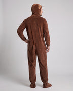 Men's brown plush monkey Halloween costume with ear hood, tan belly panel and tail - view 3