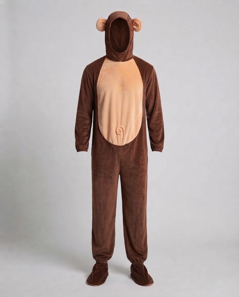 Men's brown plush monkey Halloween costume with ear hood, tan belly panel and tail - view 4