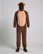 Men's brown plush monkey Halloween costume with ear hood, tan belly panel and tail - view 4