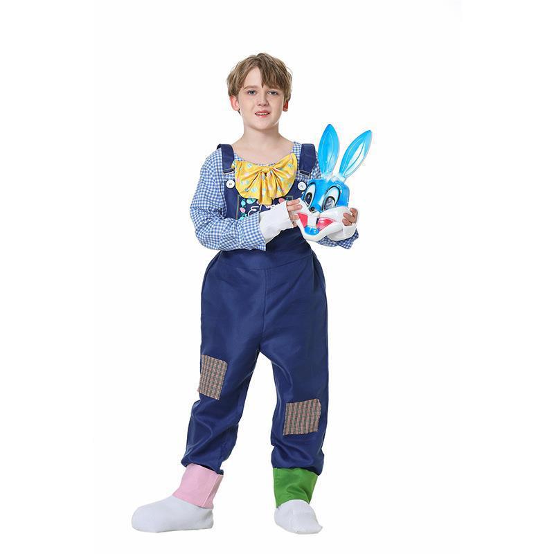 Boys bunny Halloween costume with blue gingham shirt, navy patched overalls and blue bunny mask