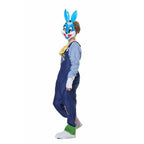 Boys bunny Halloween costume with blue gingham shirt, navy patched overalls and blue bunny mask - view 2