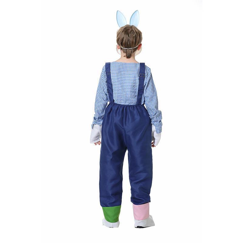 Boys bunny Halloween costume with blue gingham shirt, navy patched overalls and blue bunny mask - view 3