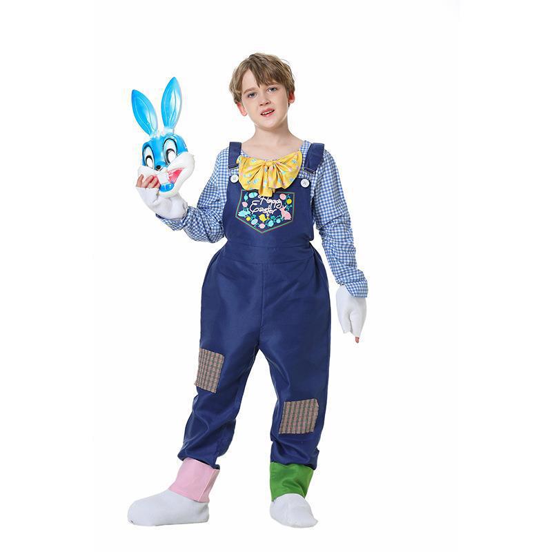 Boys bunny Halloween costume with blue gingham shirt, navy patched overalls and blue bunny mask - view 4