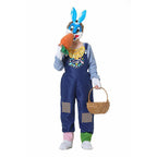 Boys bunny Halloween costume with blue gingham shirt, navy patched overalls and blue bunny mask - view 5