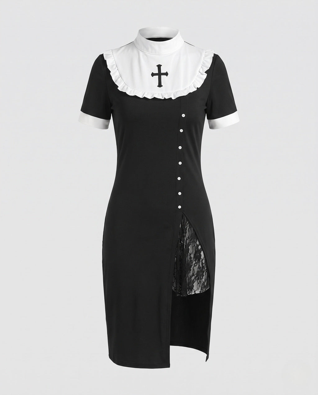 Women's black nun Halloween costume dress with white ruffled bib, cross appliqué and lace-lined slit - view 4