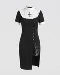 Women's black nun Halloween costume dress with white ruffled bib, cross appliqué and lace-lined slit - view 4