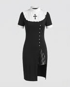Women's black nun Halloween costume dress with white ruffled bib, cross appliqué and lace-lined slit - view 4