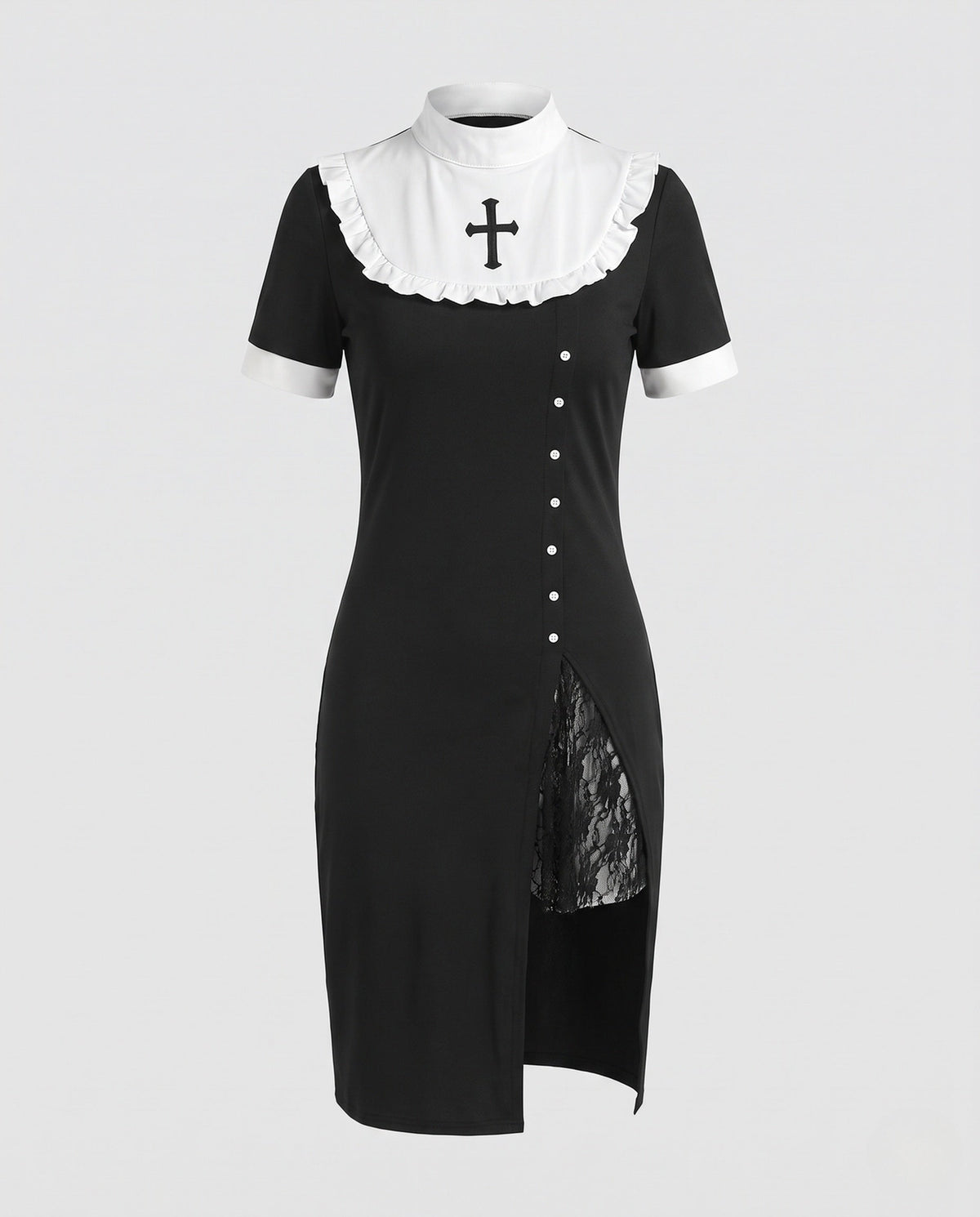 Women's black nun Halloween costume dress with white ruffled bib, cross appliqué and lace-lined slit - view 4