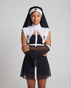 Women's nun Halloween costume with black ribbed mini dress, white lace-trim collar and sheer mesh bell sleeves