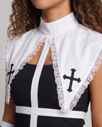 Women's nun Halloween costume with black ribbed mini dress, white lace-trim collar and sheer mesh bell sleeves - view 2