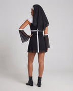 Women's nun Halloween costume with black ribbed mini dress, white lace-trim collar and sheer mesh bell sleeves - view 3
