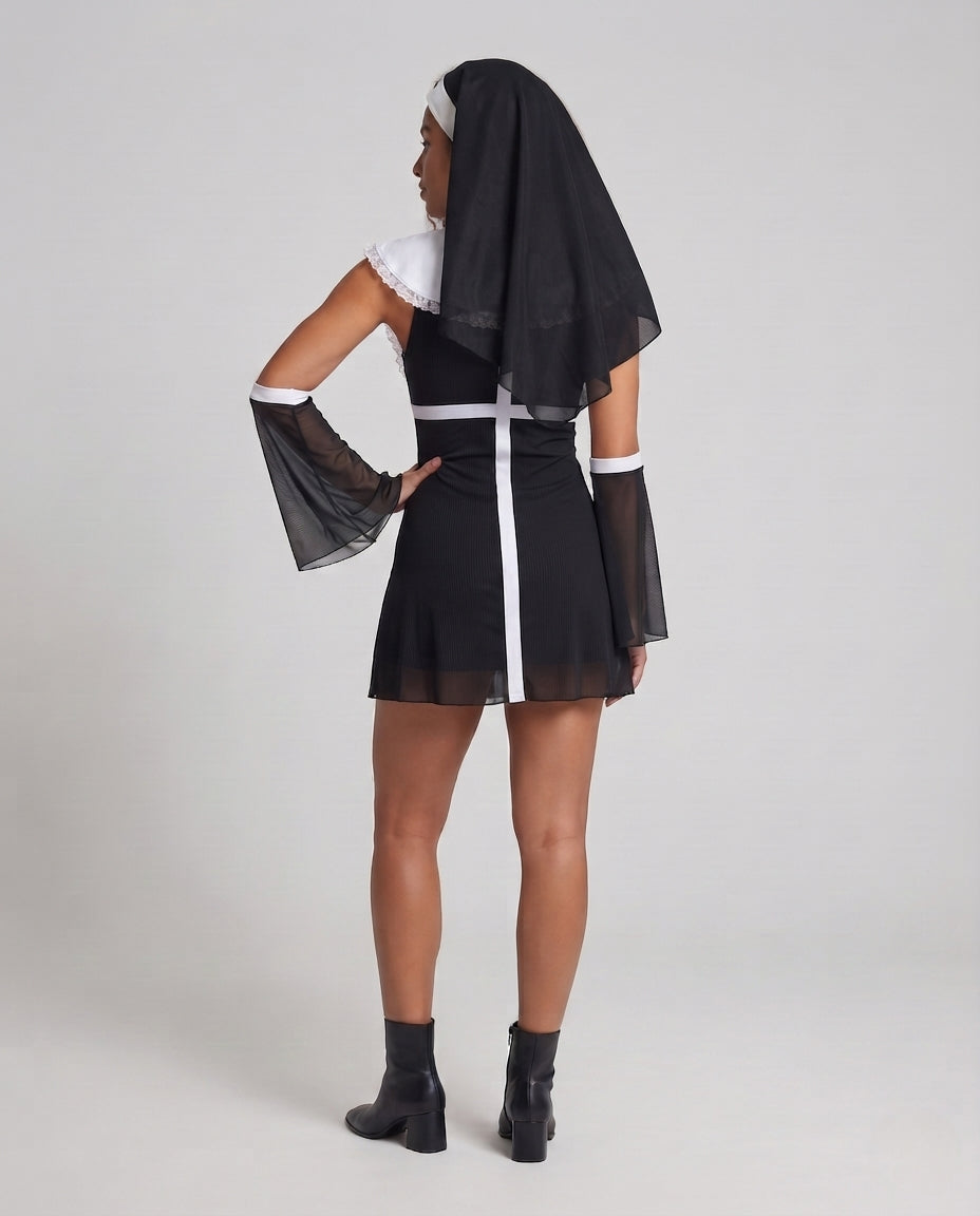 Women's nun Halloween costume with black ribbed mini dress, white lace-trim collar and sheer mesh bell sleeves - view 3