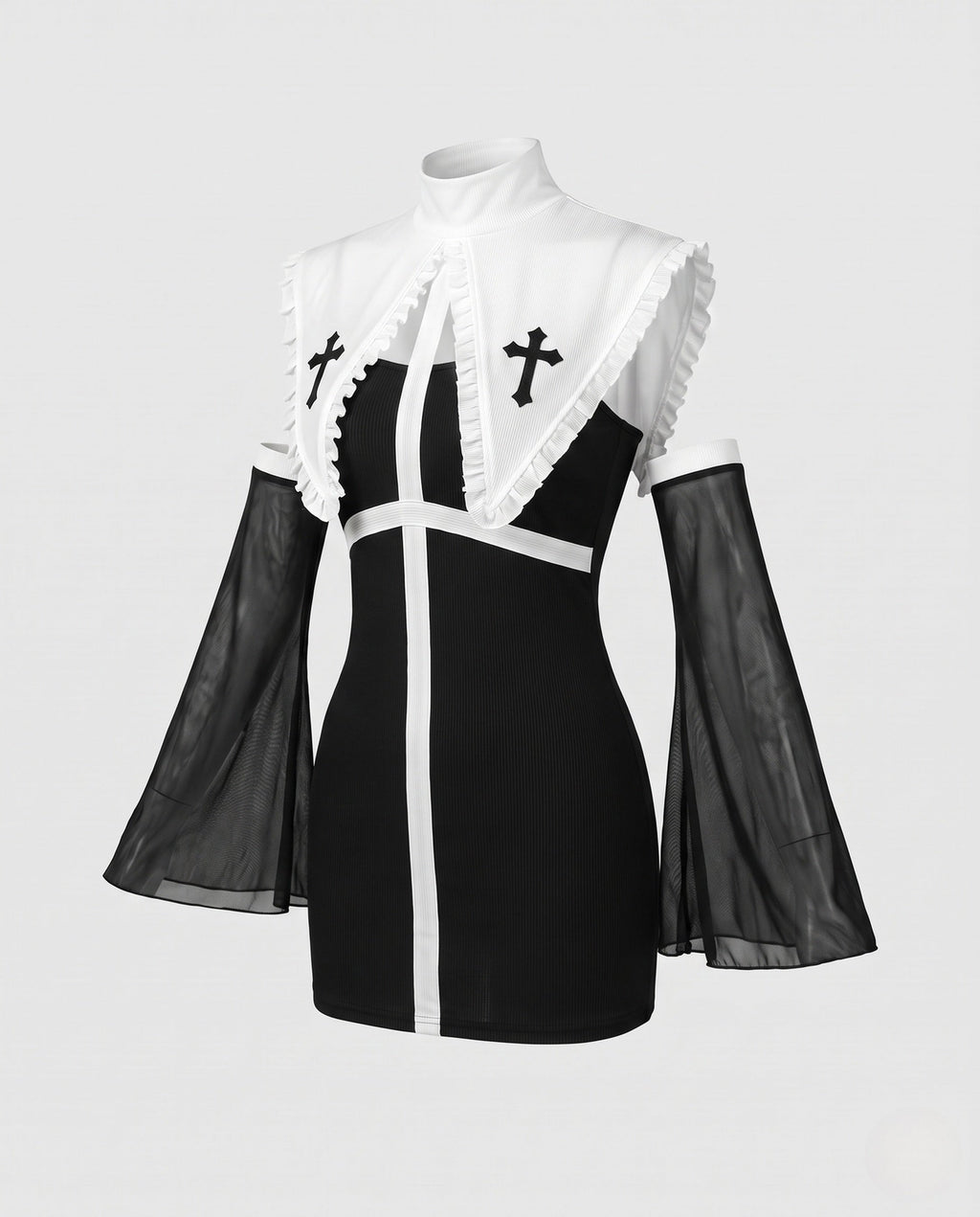 Women's nun Halloween costume with black ribbed mini dress, white lace-trim collar and sheer mesh bell sleeves - view 4