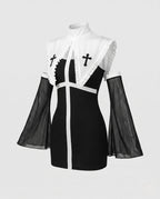 Women's nun Halloween costume with black ribbed mini dress, white lace-trim collar and sheer mesh bell sleeves - view 4