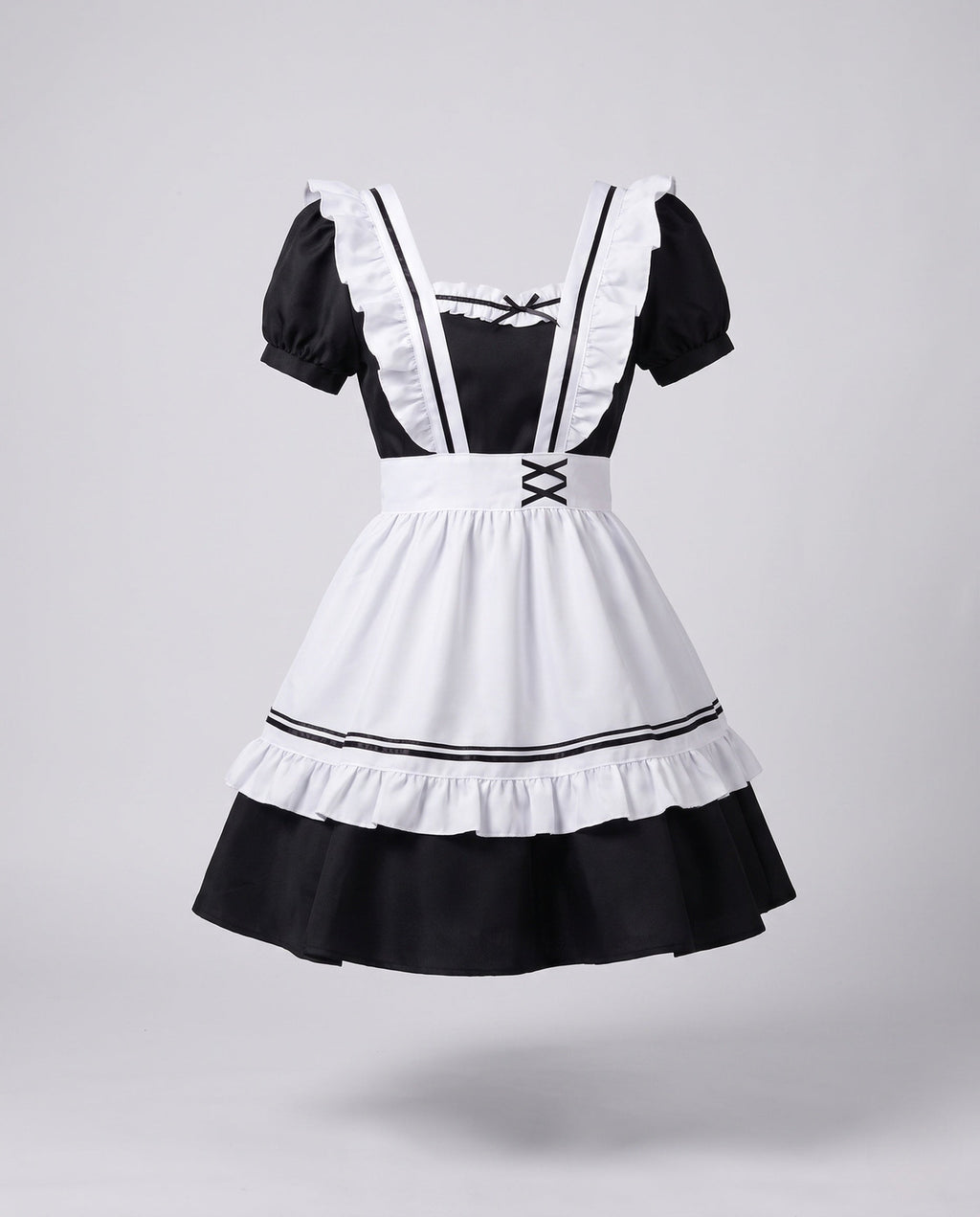 Women's black and white maid Halloween costume with ruffled white apron and puff sleeves - view 4