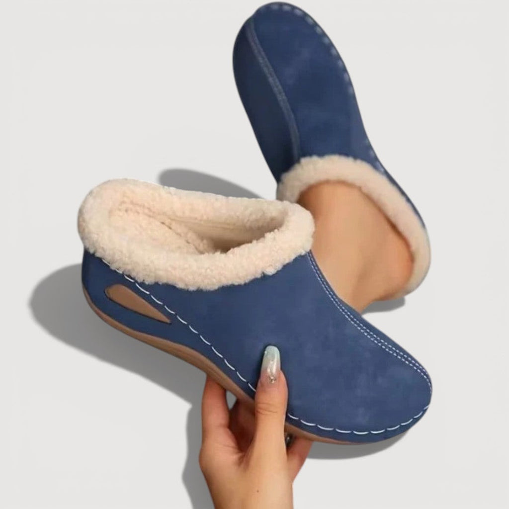 Women's plush lined mule slippers with brushed upper, contrast stitching and low wedge sole