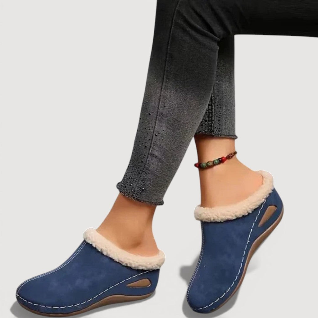 Women's plush lined mule slippers with brushed upper, contrast stitching and low wedge sole - view 4