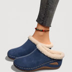 Women's plush lined mule slippers with brushed upper, contrast stitching and low wedge sole - view 5