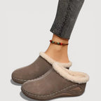 Women's plush lined mule slippers with brushed upper, contrast stitching and low wedge sole - view 6