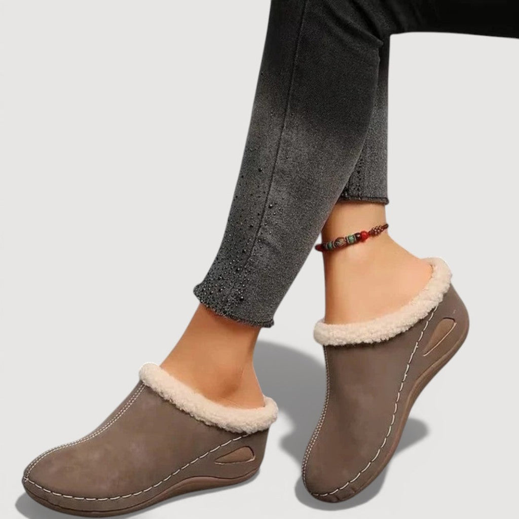 Women's plush lined mule slippers with brushed upper, contrast stitching and low wedge sole - view 7