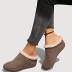 Women's plush lined mule slippers with brushed upper, contrast stitching and low wedge sole - view 7