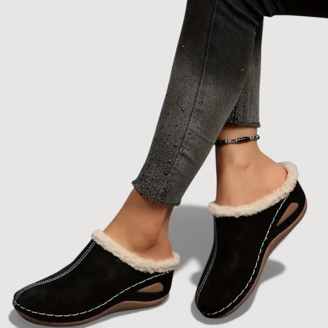 Women's plush lined mule slippers with brushed upper, contrast stitching and low wedge sole - view 8