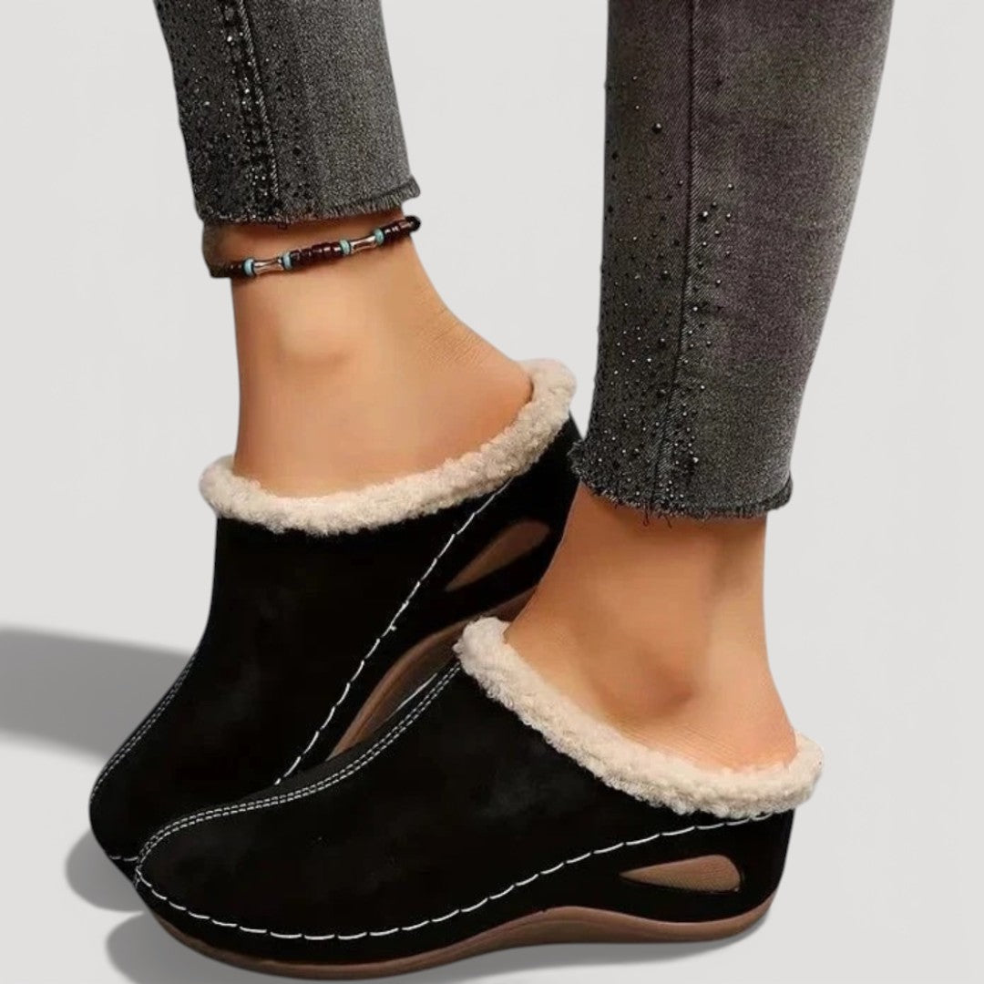 Women's plush lined mule slippers with brushed upper, contrast stitching and low wedge sole - view 9