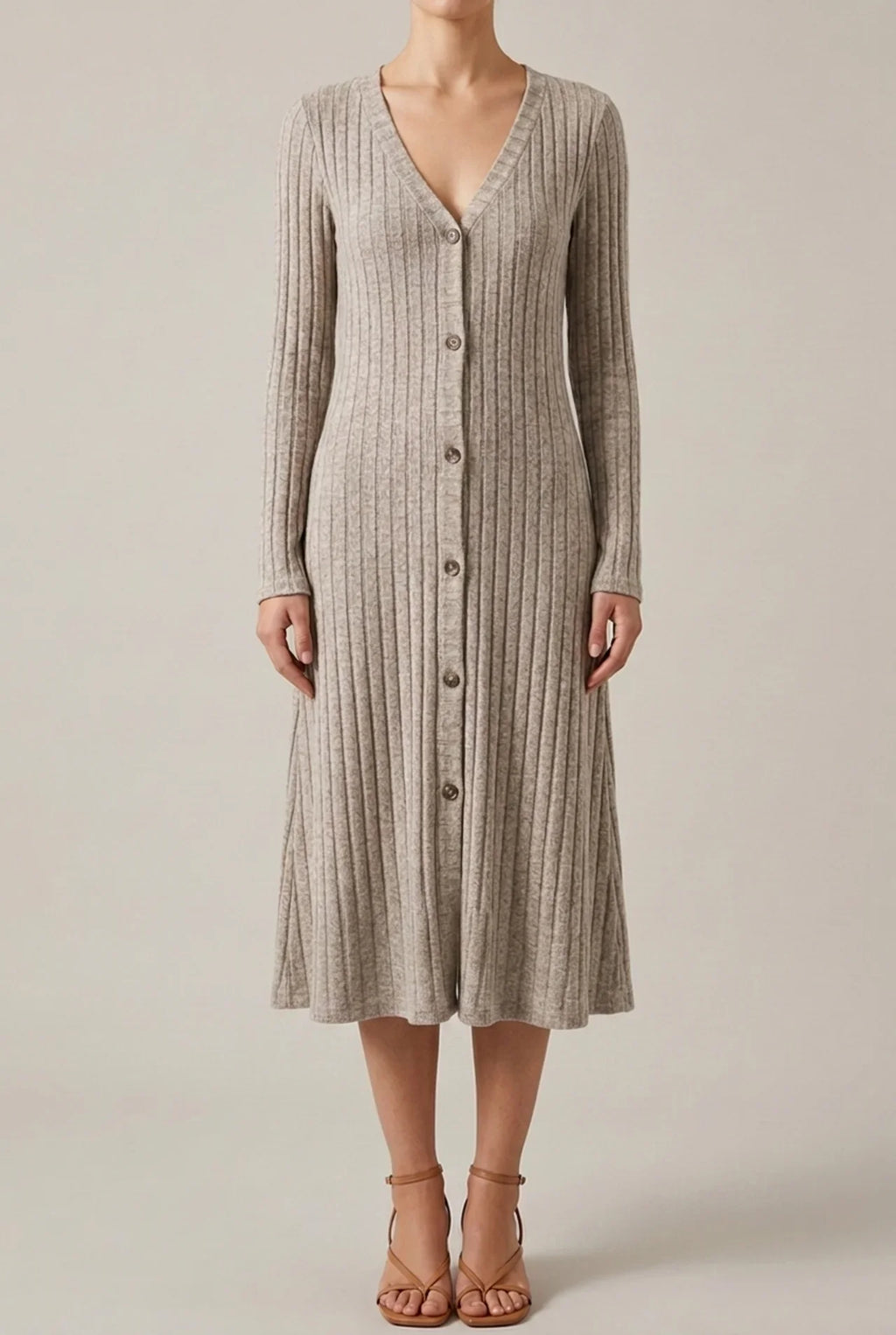 Ribbed knit long sleeve midi dress with V-neck and button front
