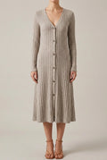 Ribbed knit long sleeve midi dress with V-neck and button front