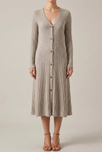 Ribbed knit long sleeve midi dress with V-neck and button front