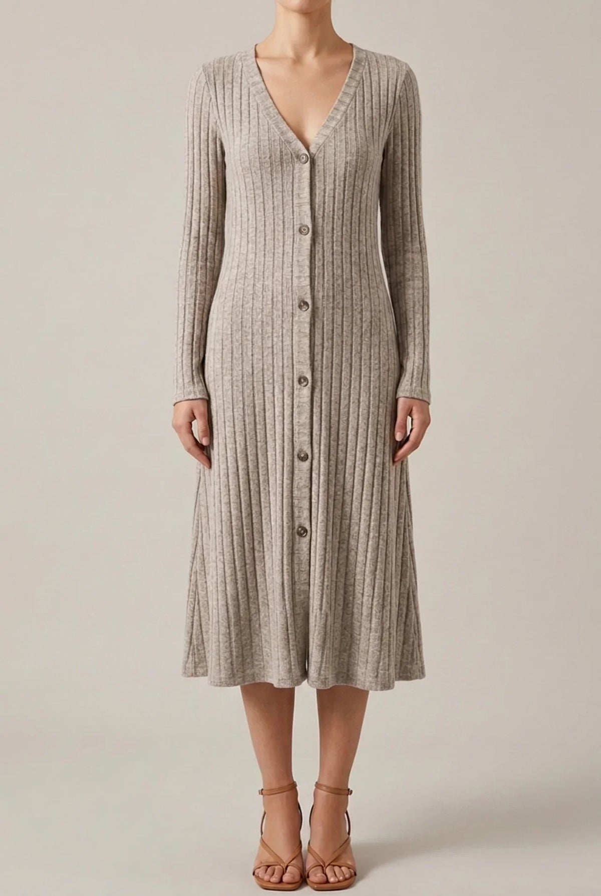 Ribbed knit long sleeve midi dress with V-neck and button front