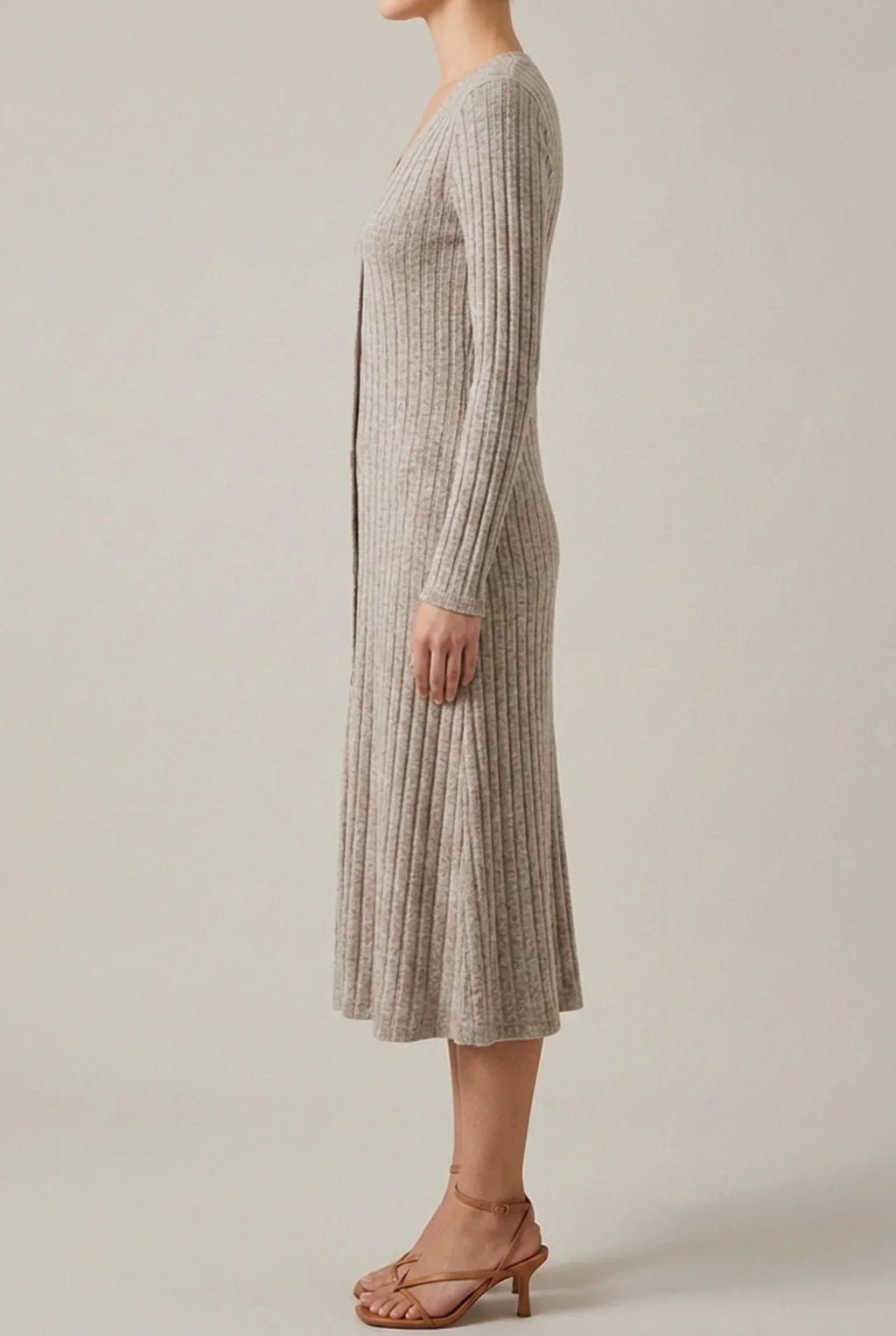 Ribbed knit long sleeve midi dress with V-neck and button front - view 2