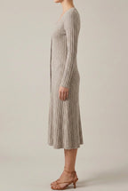 Ribbed knit long sleeve midi dress with V-neck and button front - view 2