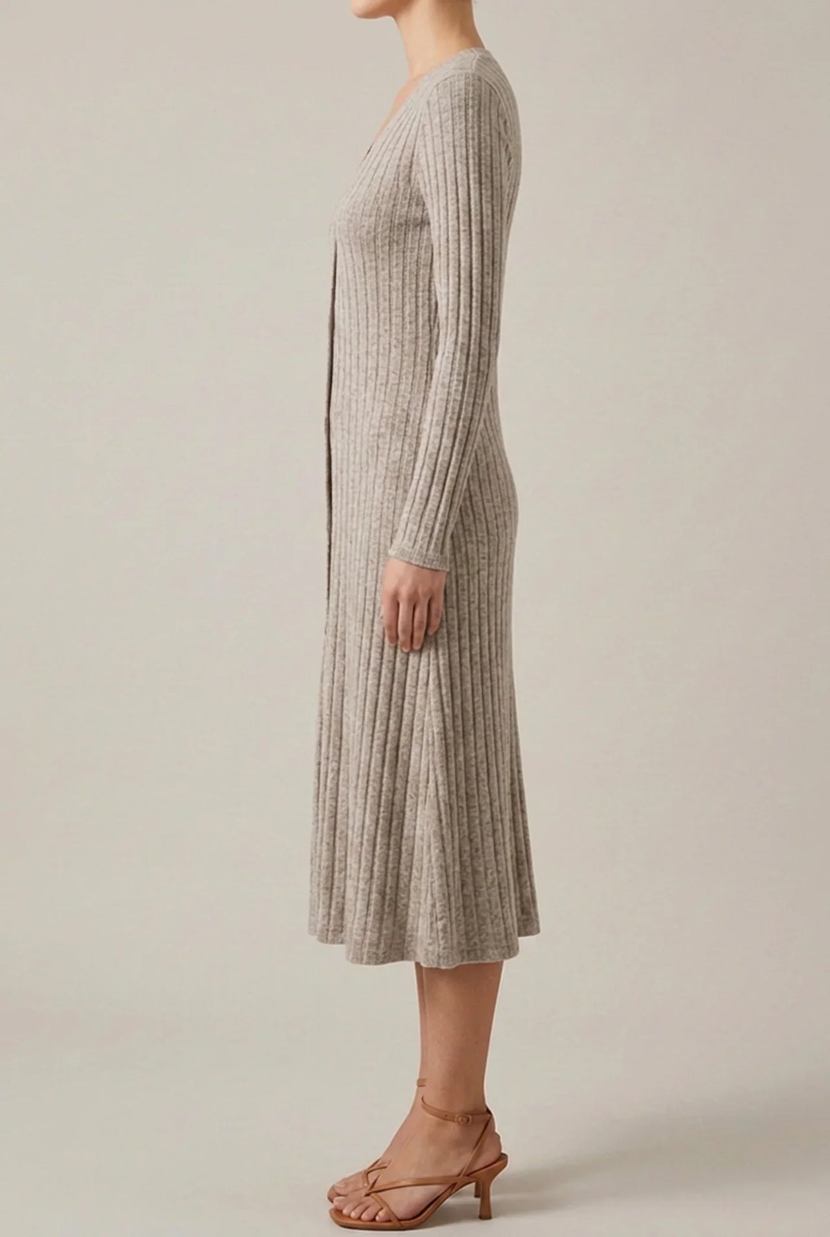 Ribbed knit long sleeve midi dress with V-neck and button front - view 2