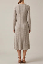 Ribbed knit long sleeve midi dress with V-neck and button front - view 3