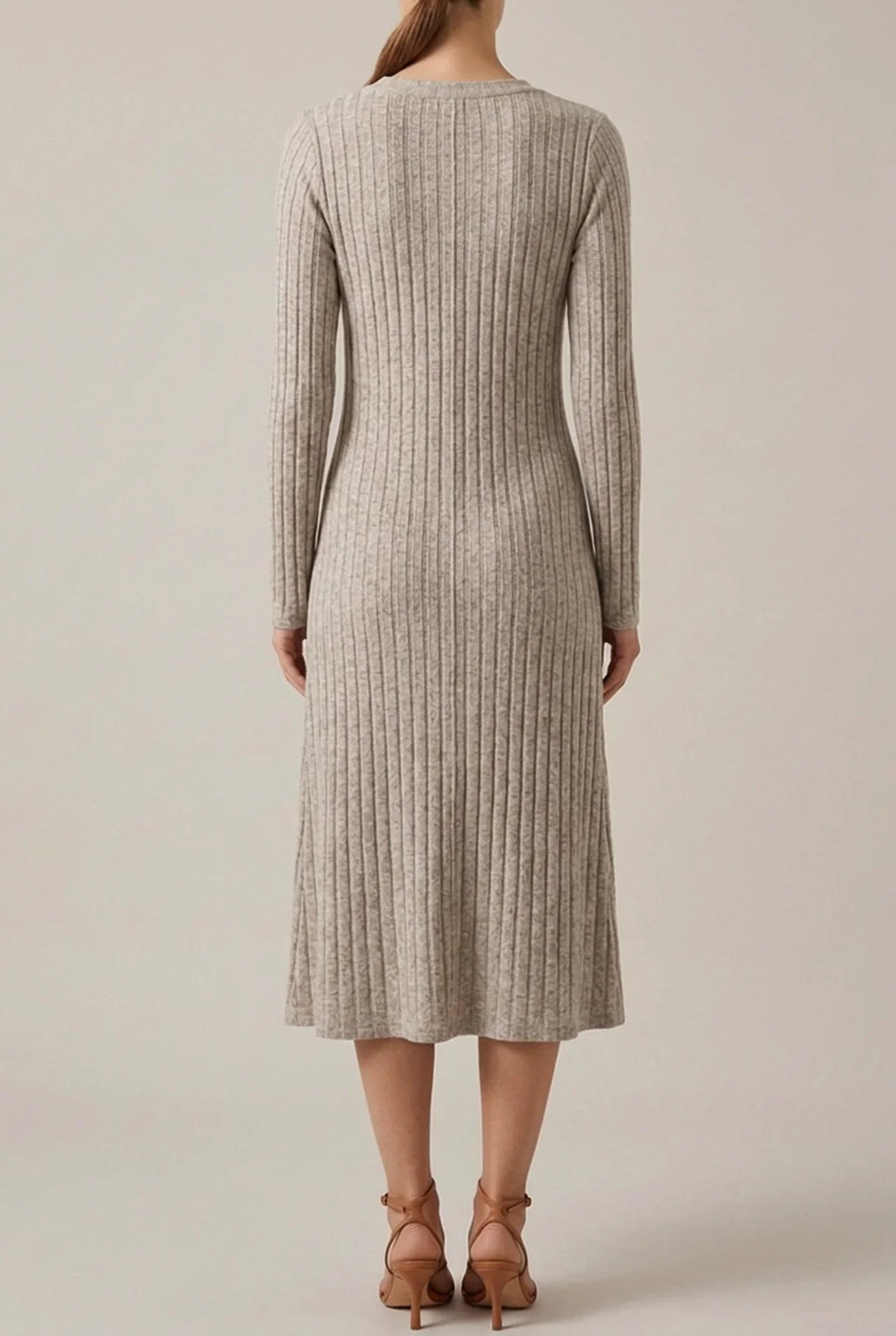 Ribbed knit long sleeve midi dress with V-neck and button front - view 3