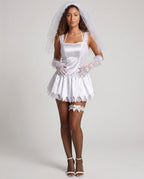 Bride Halloween costume mini dress in white satin with lace side panels and pointed hem