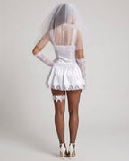 Bride Halloween costume mini dress in white satin with lace side panels and pointed hem - view 3