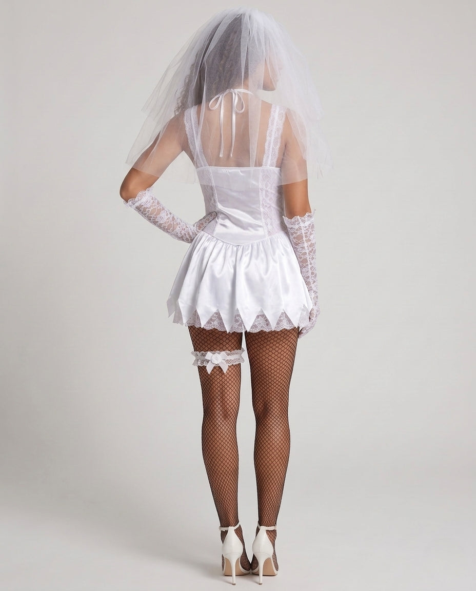 Bride Halloween costume mini dress in white satin with lace side panels and pointed hem - view 3