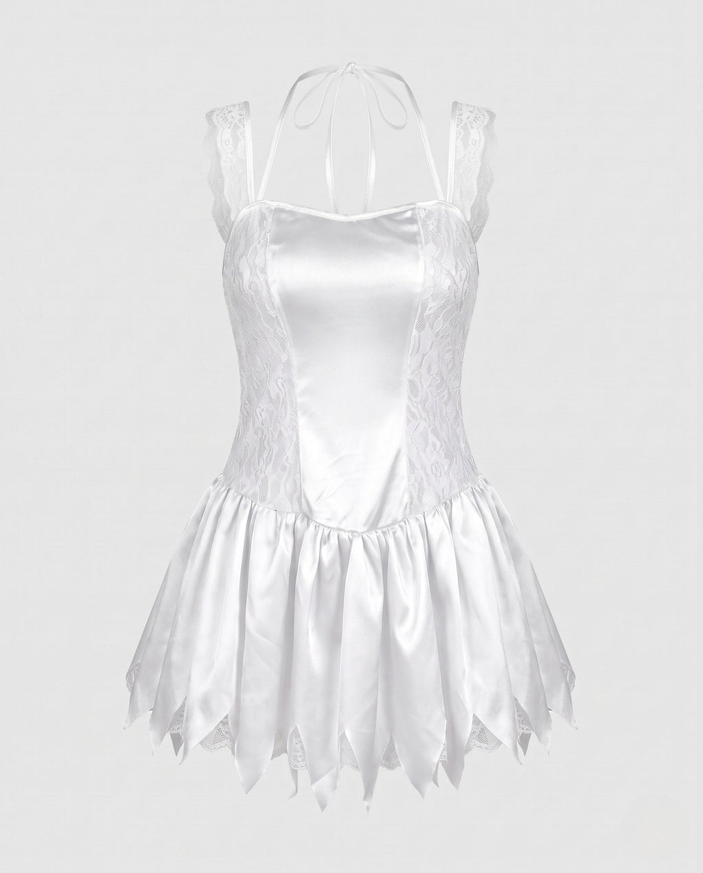 Bride Halloween costume mini dress in white satin with lace side panels and pointed hem - view 4
