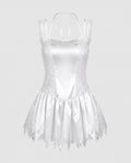 Bride Halloween costume mini dress in white satin with lace side panels and pointed hem - view 4