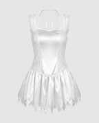 Bride Halloween costume mini dress in white satin with lace side panels and pointed hem - view 4