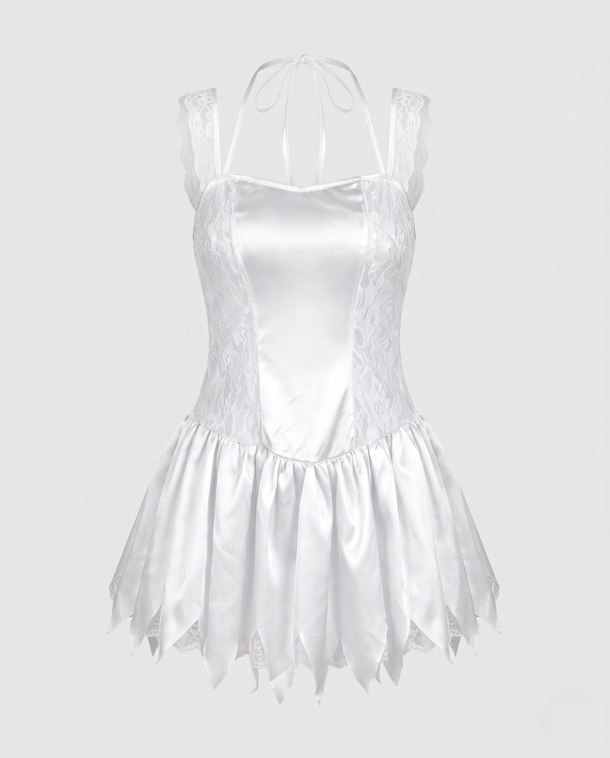 Bride Halloween costume mini dress in white satin with lace side panels and pointed hem - view 4