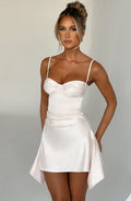 Blair white satin homecoming mini dress with ruched sweetheart cups and draped side panels