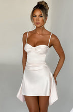 Blair white satin homecoming mini dress with ruched sweetheart cups and draped side panels