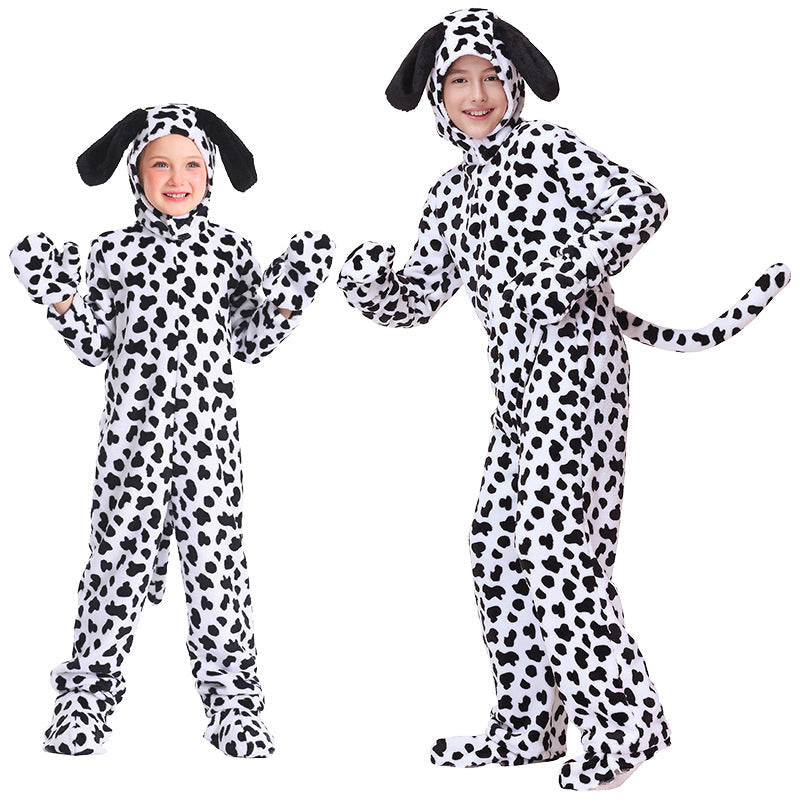 Kids Dalmatian dog costume jumpsuit with spotted hood, floppy ears, tail and paw mittens