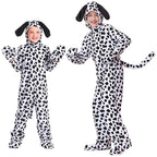 Kids Dalmatian dog costume jumpsuit with spotted hood, floppy ears, tail and paw mittens