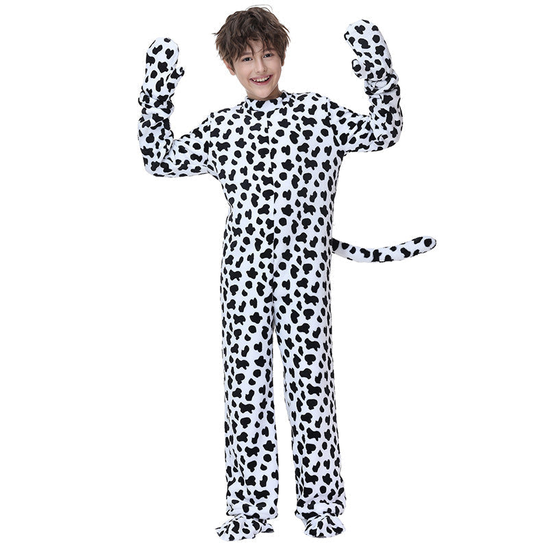 Kids Dalmatian dog costume jumpsuit with spotted hood, floppy ears, tail and paw mittens - view 2