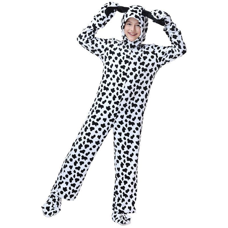 Kids Dalmatian dog costume jumpsuit with spotted hood, floppy ears, tail and paw mittens - view 3