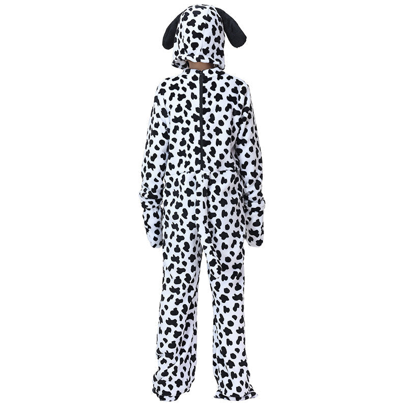 Kids Dalmatian dog costume jumpsuit with spotted hood, floppy ears, tail and paw mittens - view 4